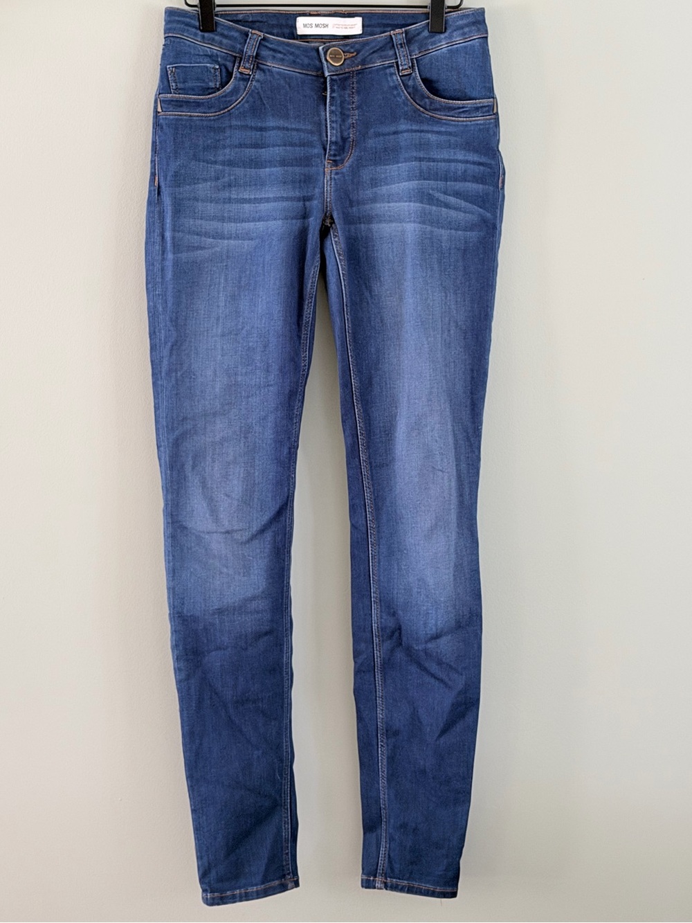 MOS MOSH Naomi Satin Blue Skinny Jeans Size 28 Zip Pocket Stretch Denim Low Rise